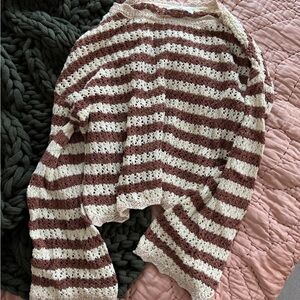 Mango Brown Crochet Striped Sweater